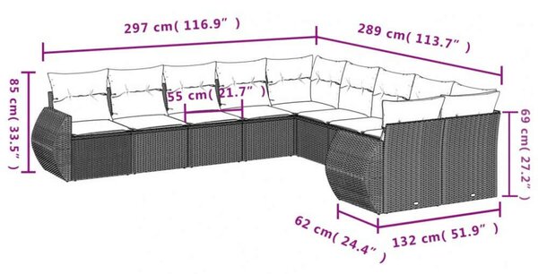 VidaXL Polyrattan Kerti Ülőgarnitúra - 10 részes - Szürke