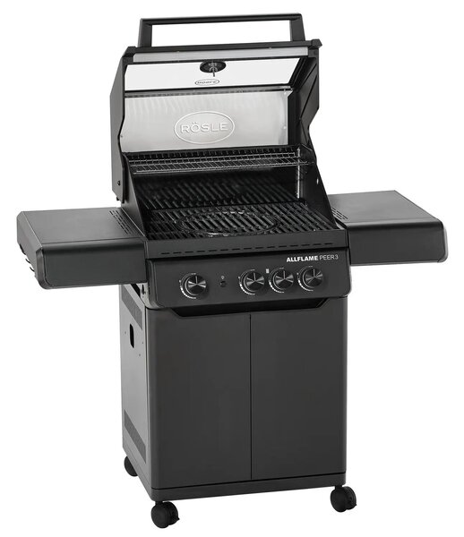 Rösle Allflame Peer 3 Professzionális Gázgrill öntöttvas főzőfelület 60x45 cm, 3 égőfej, Vario+ multifunkcionális rendszer, állítható gáznyomás, palacktároló hely, rozsdamentes acél hőelosztó, evőeszköztar