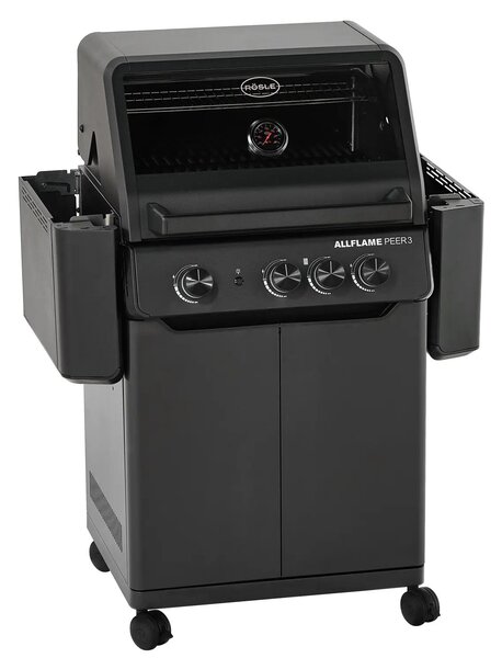 Rösle Allflame Peer 3 Professzionális Gázgrill öntöttvas főzőfelület 60x45 cm, 3 égőfej, Vario+ multifunkcionális rendszer, állítható gáznyomás, palacktároló hely, rozsdamentes acél hőelosztó, evőeszköztar