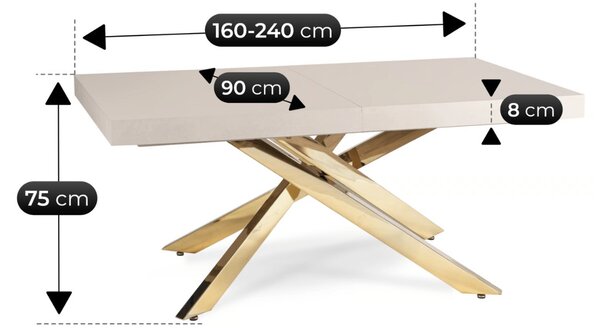 JAKS Kihúzható étkezőasztal kasmír 160–240 cm arany lábakkal Hampton
