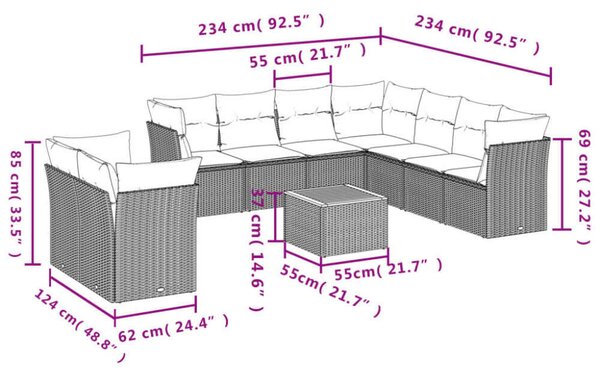 VidaXL 11részes vegyes bézs polyrattan kerti ülőgarnitúra párnákkal