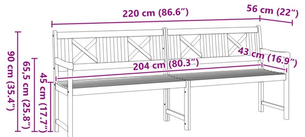 Kerti Pad 220x56x90 cm Tömör Fa Akác