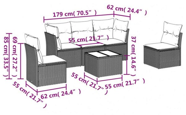 Polyrattan Kerti Ülőgarnitúra - 6 részes - Fekete
