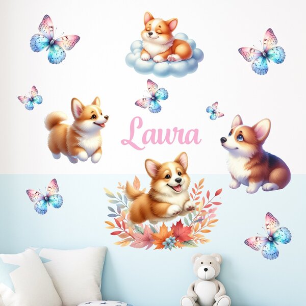 Falmatrica babaszobába – vidám corgi kutya pillangókkal, saját névvel kérhető
