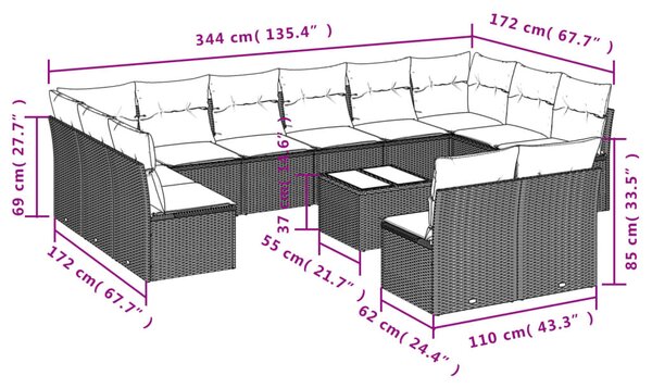 VidaXL 13 részes barna polyrattan kerti ülőgarnitúra párnákkal