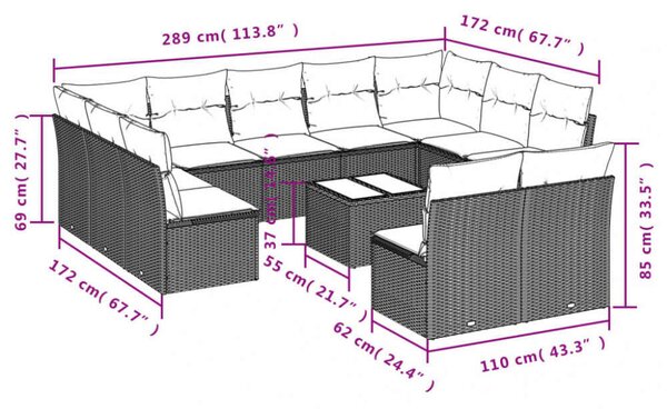 VidaXL Polyrattan Kerti Ülőgarnitúra - 12 részes - Szürke