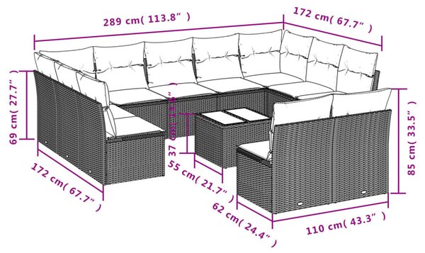 VidaXL 12 db barna polyrattan kerti kanapégarnitúra párnákkal