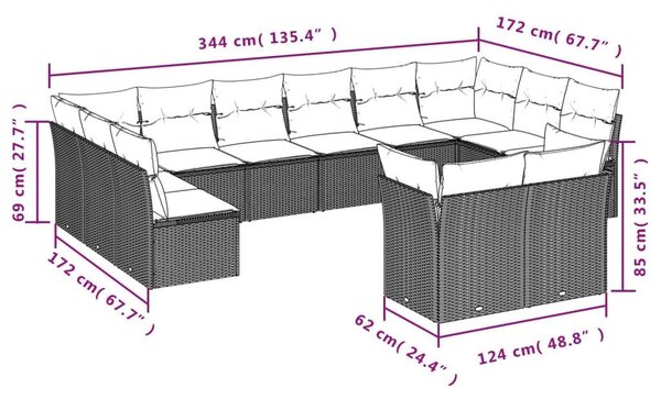 VidaXL Polyrattan Kerti Ülőgarnitúra - 12 részes - Szürke
