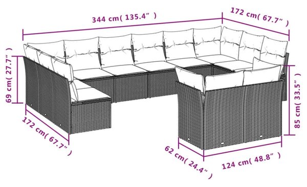 VidaXL Polyrattan Kerti Ülőgarnitúra - 12 részes - Szürke