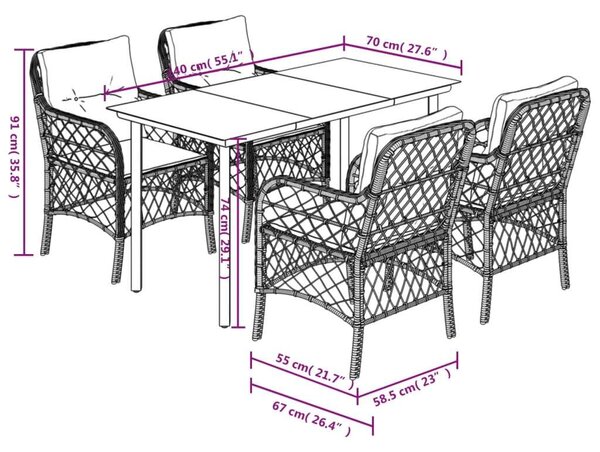 VidaXL 5 részes bézs polyrattan kerti étkezőgarnitúra párnákkal
