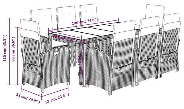 VidaXL 9 részes szürke polyrattan kerti étkezőgarnitúra párnával