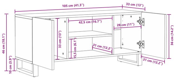 TV Szekrény, 105 x 33.5 x 46 cm, tömör mangófából készült