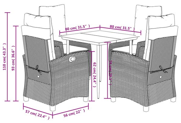 VidaXL 5 részes szürke polyrattan kerti étkezőgarnitúra párnával