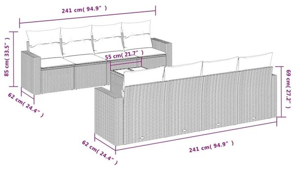 VidaXL 9 részes fekete polyrattan kerti ülőgarnitúra párnákkal
