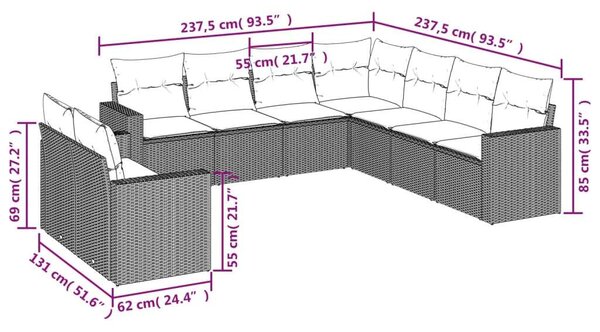 VidaXL 9-részes bézs polyrattan kerti ülőgarnitúra párnákkal