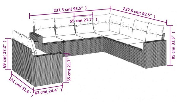 VidaXL 9-részes bézs polyrattan kerti ülőgarnitúra párnákkal