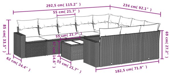 VidaXL Polyrattan Kerti Ülőgarnitúra - 11 részes - Szürke