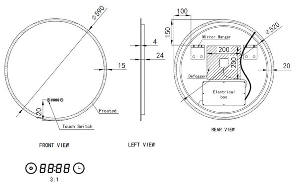Ø60cm kerek LED tükör | Páramentesítő - Óra - Fényerő + színhőfok állítás