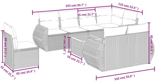 VidaXL Polyrattan Kerti Ülőgarnitúra - 9 részes - Bézs
