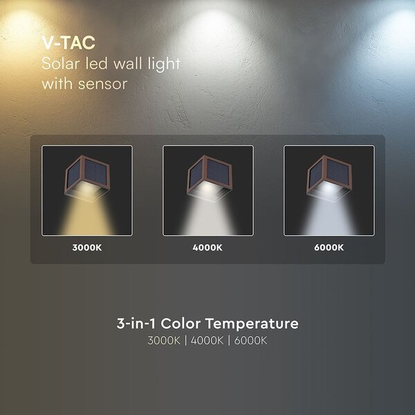 V-TAC 9W COB LED szolár fali Corten lámpa, szenzorral, állítható színhőmérséklettel - SKU 24294