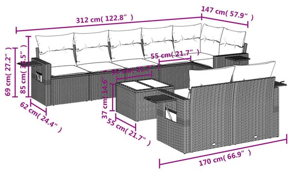 VidaXL Polyrattan Kerti Ülőgarnitúra - 9 részes - Szürke