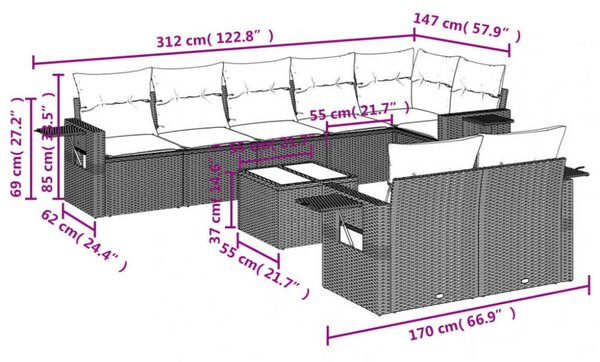 VidaXL Polyrattan Kerti Ülőgarnitúra - 9 részes - Szürke