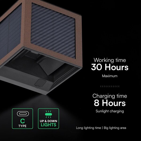 V-TAC 9W COB LED szolár fali Corten lámpa, szenzorral, állítható színhőmérséklettel - SKU 24294