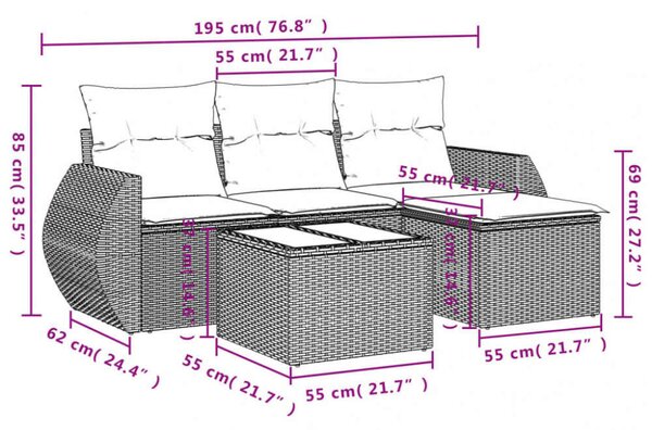 VidaXL Polyrattan Kerti Ülőgarnitúra - 5 részes - Szürke