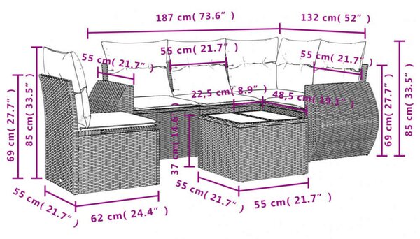 VidaXL 6 részes szürke polyrattan kerti ülőgarnitúra párnákkal