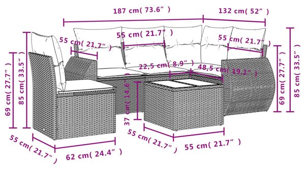 VidaXL 6 részes szürke polyrattan kerti ülőgarnitúra párnákkal
