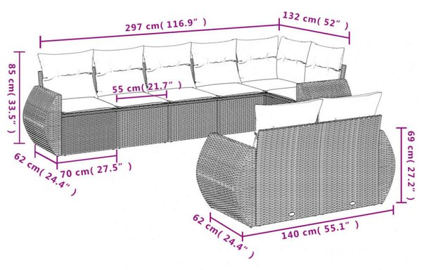 VidaXL Polyrattan Kerti Ülőgarnitúra - 8 részes - Szürke