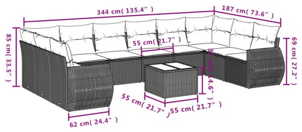 VidaXL Polyrattan Kerti Ülőgarnitúra - 10 részes - Szürke