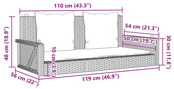 Szürke polyrattan hintapad párnákkal 119 x 56 x 48 cm