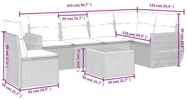VidaXL 7 részes bézs polyrattan kerti ülőgarnitúra párnákkal