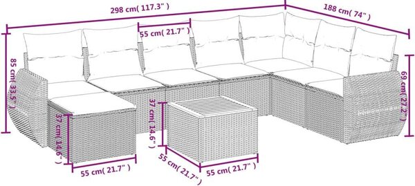 Polyrattan Kerti Ülőgarnitúra - 9 részes - Szürke