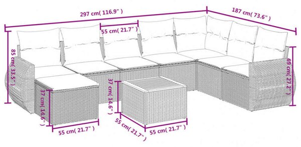 Polyrattan Kerti Ülőgarnitúra - 9 részes - Szürke