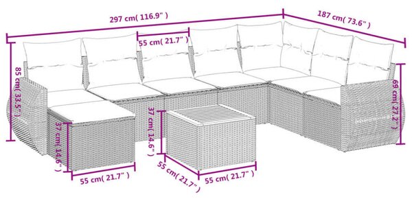 Polyrattan Kerti Ülőgarnitúra - 9 részes - Szürke