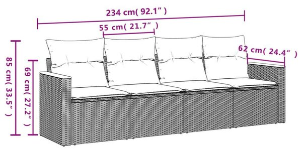 VidaXL 4 részes Kerti Ülőgarnitúra - Polyrattan - Fekete