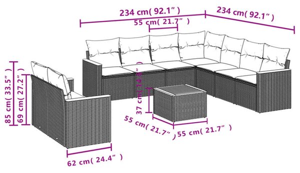 VidaXL Polyrattan Kerti Ülőgarnitúra - 10 részes - Szürke