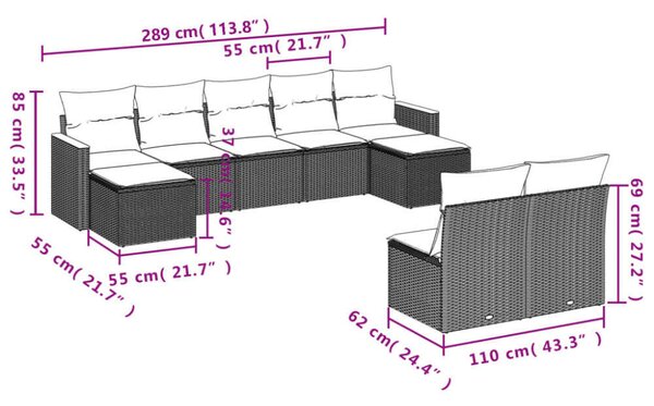 VidaXL Polyrattan Kerti Ülőgarnitúra - 9 részes - Szürke