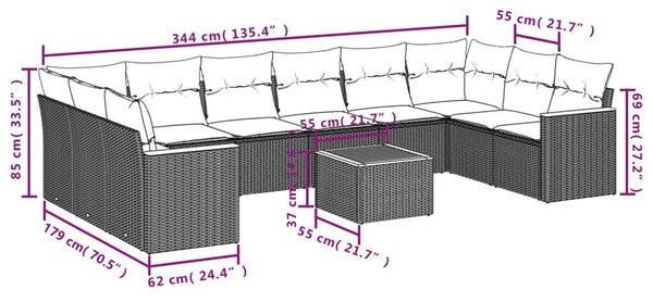 VidaXL 11 db szürke polyrattan kerti kanapégarnitúra párnákkal