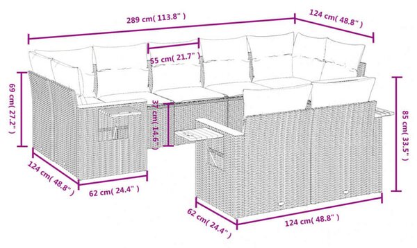 VidaXL Polyrattan Kerti Ülőgarnitúra - 9 részes - Szürke