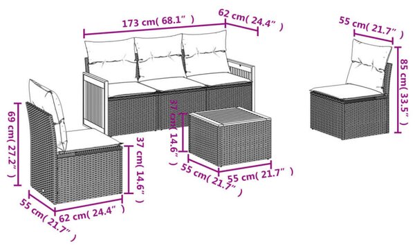 VidaXL Polyrattan Kerti Ülőgarnitúra - 6 részes - Szürke