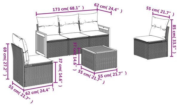 Polyrattan Kerti Ülőgarnitúra - 6 részes - Fekete