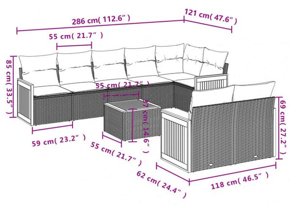 VidaXL Polyrattan Kerti Ülőgarnitúra - 9 részes - Szürke