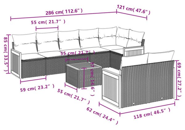 VidaXL Polyrattan Kerti Ülőgarnitúra - 9 részes - Szürke