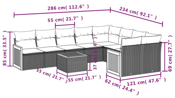 VidaXL Polyrattan Kerti Ülőgarnitúra - 10 részes - Szürke