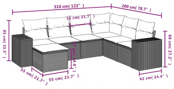 Polyrattan Kerti Ülőgarnitúra - 7 részes - Fekete