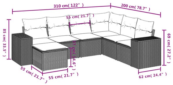 Polyrattan Kerti Ülőgarnitúra - 7 részes - Fekete