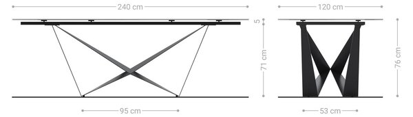 DELIFE Étkezőasztal Edge hajóformájú 240x120 domborított üveg füstfekete 3D design Spider laposacél fekete